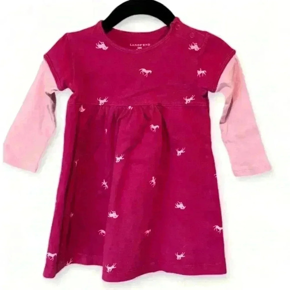 Lands' End Girls Pink Horse Print Long Sleeve Dress Size 12M Casual - Picture 1 of 6
